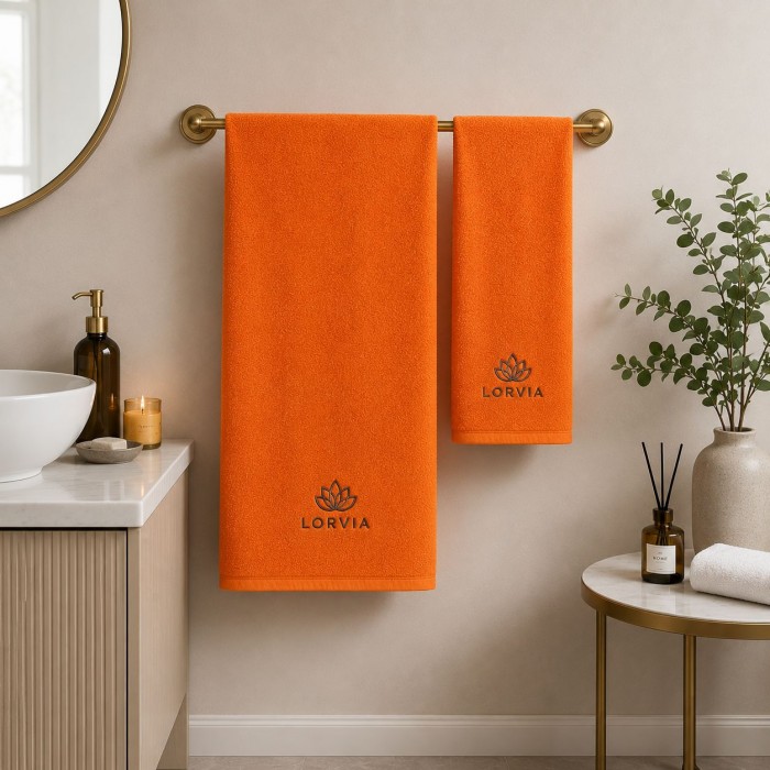 Logolu El ve Banyo Havlusu Takımı Turuncu 50x90cm 70x140cm